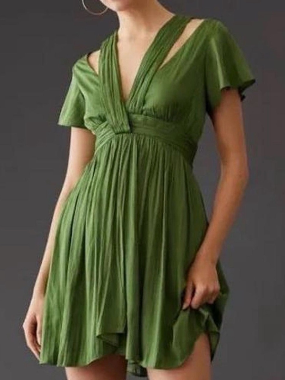 Anthropologie Olive Green Pleated V-Neck Mini Dress Size 4